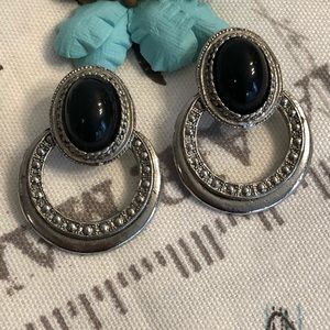Silver Tone Pierced Earrings Faux Onyx Stone